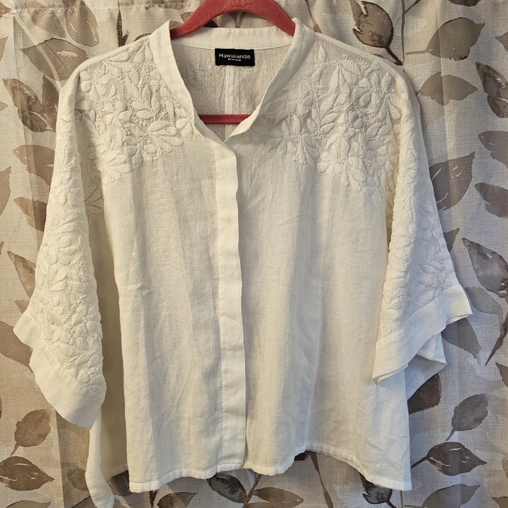 Hawaiianize Resortwear Button Up Crisp White Shirt Short Dolman Sleeve Large